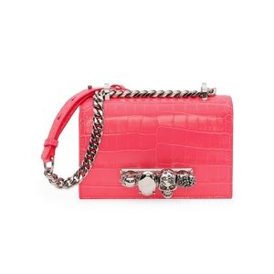 Alexander McQueen Jeweled Croc-Embossed Leather Crossbody Bag Pink